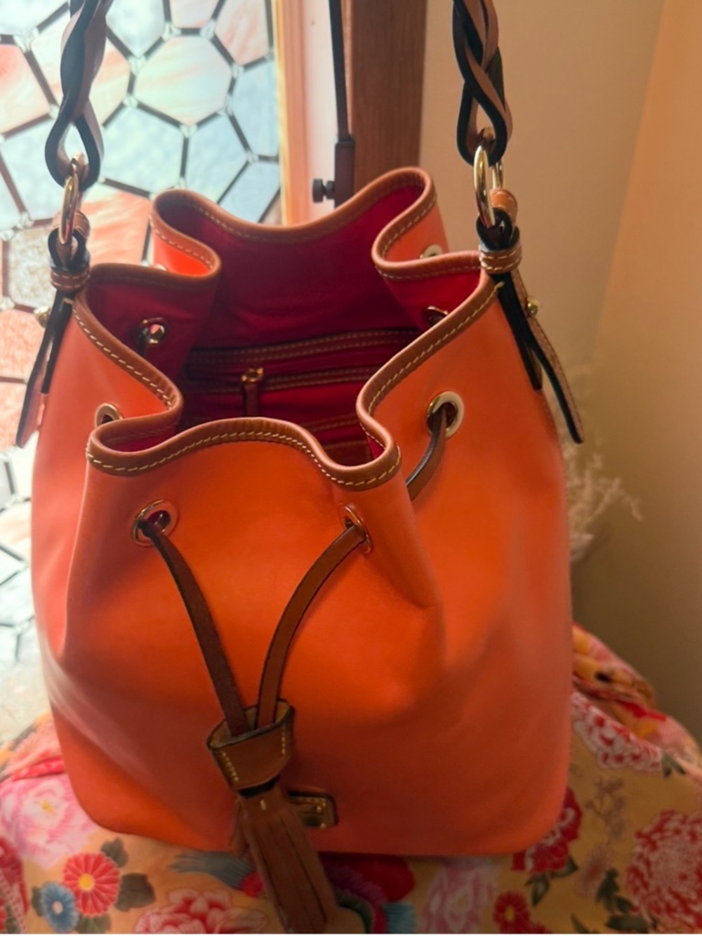 Dooney & Bourke Coral Pebbled Leather Drawstring Bucket Bag with matching wallet - Picture 11 of 13